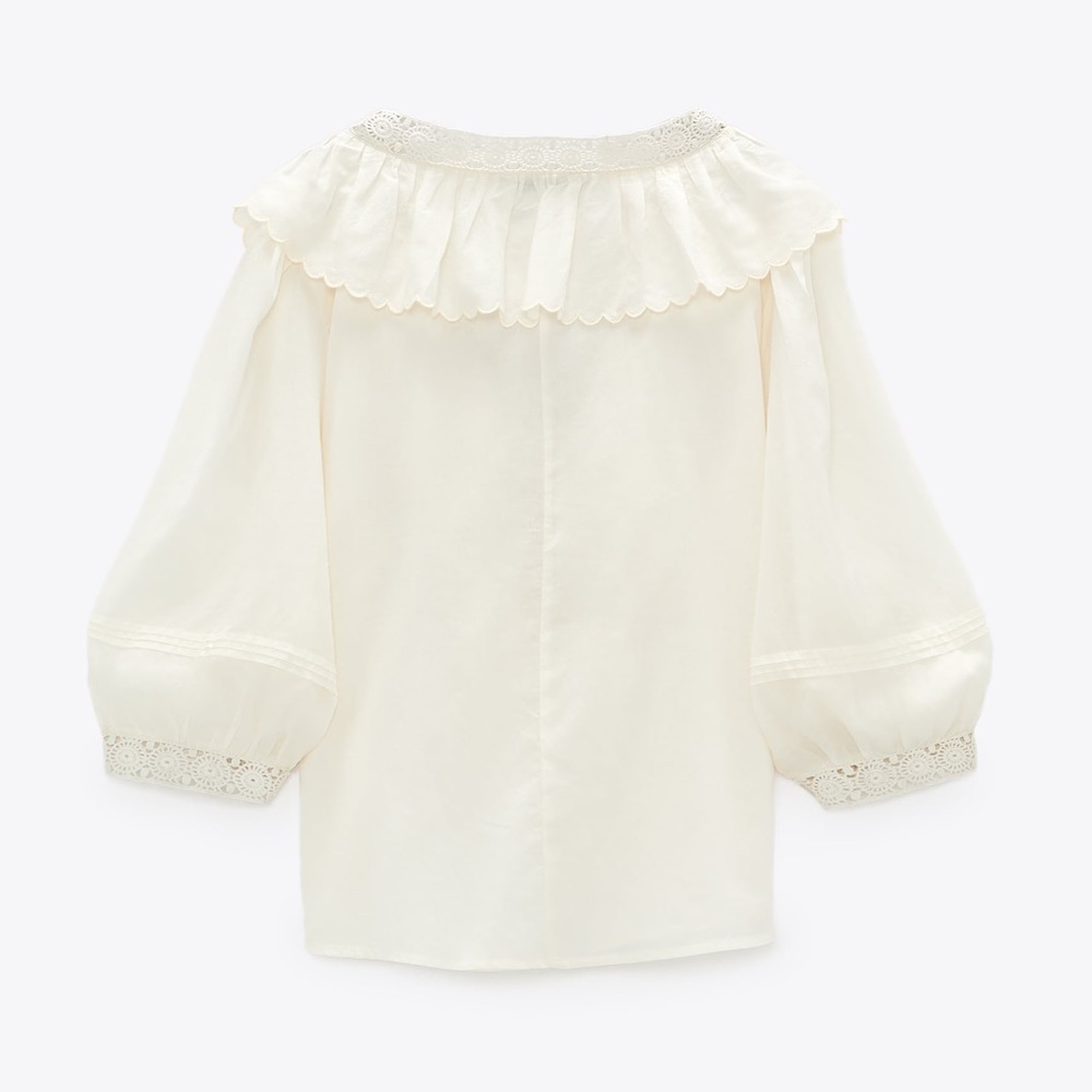 ZARA - Embroidered Ruffle Collared Long Sleeve Blouse in Ivory (NWT) - Size : S - Picture 7 of 14
